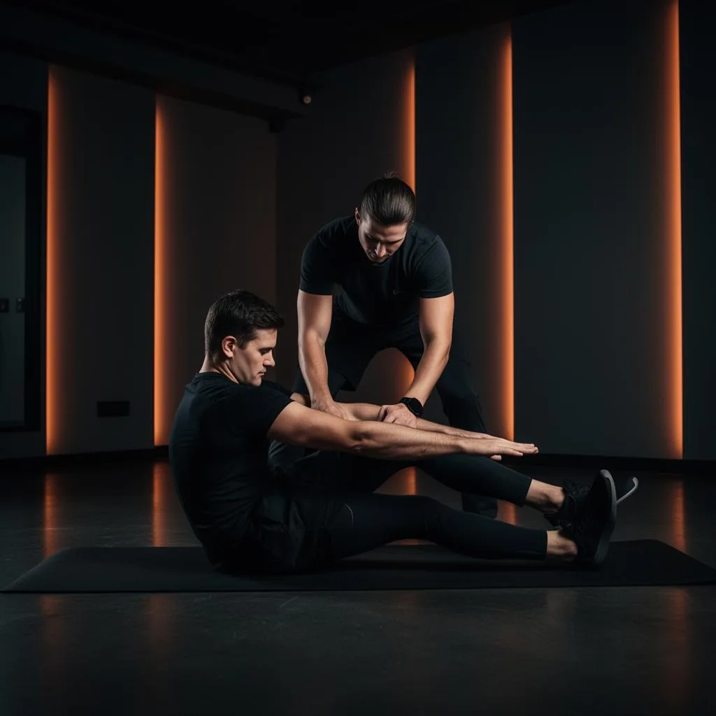 Assisted hamstring stretch during a one-on-one JahsaniFit session